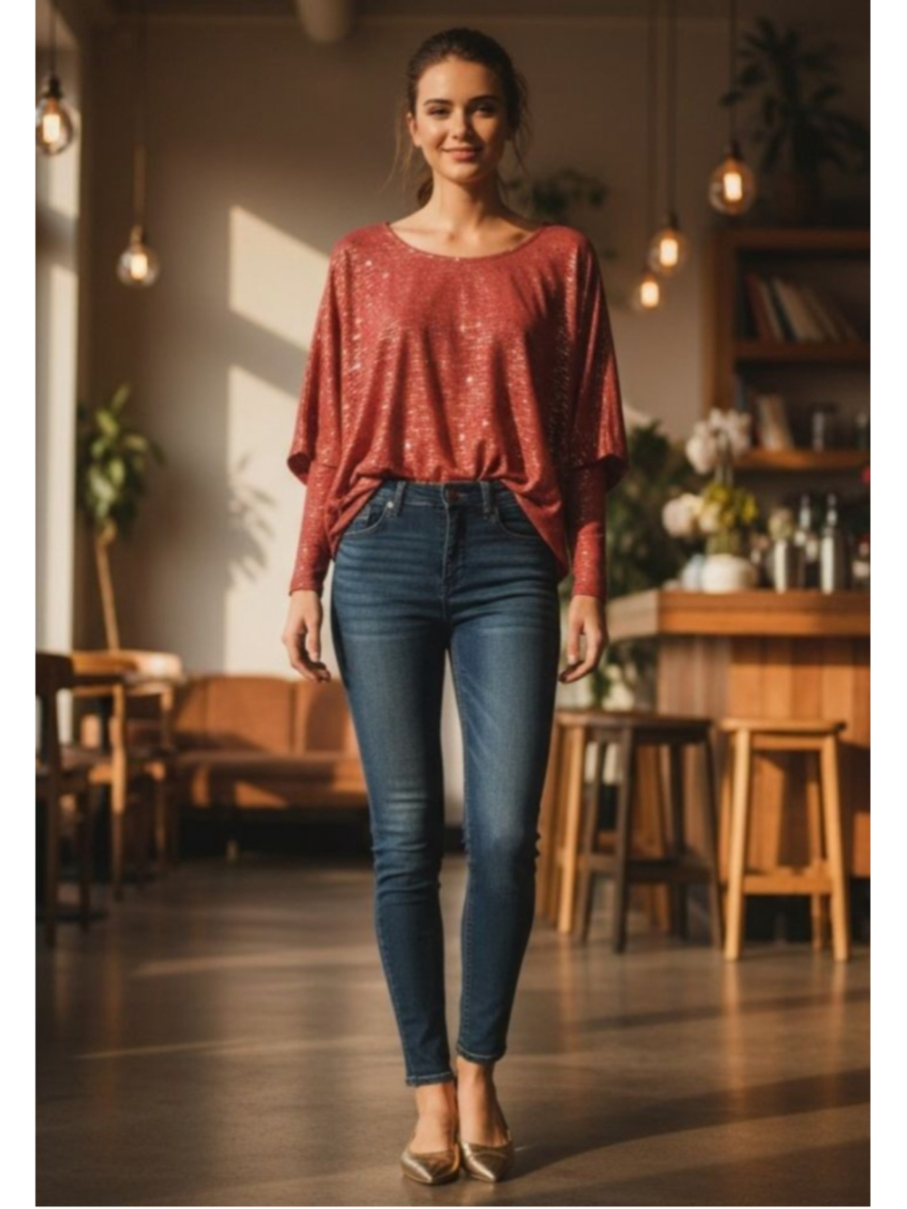 Cha Cha Vente Rust Gold Star Long Sleeve Tee Medium